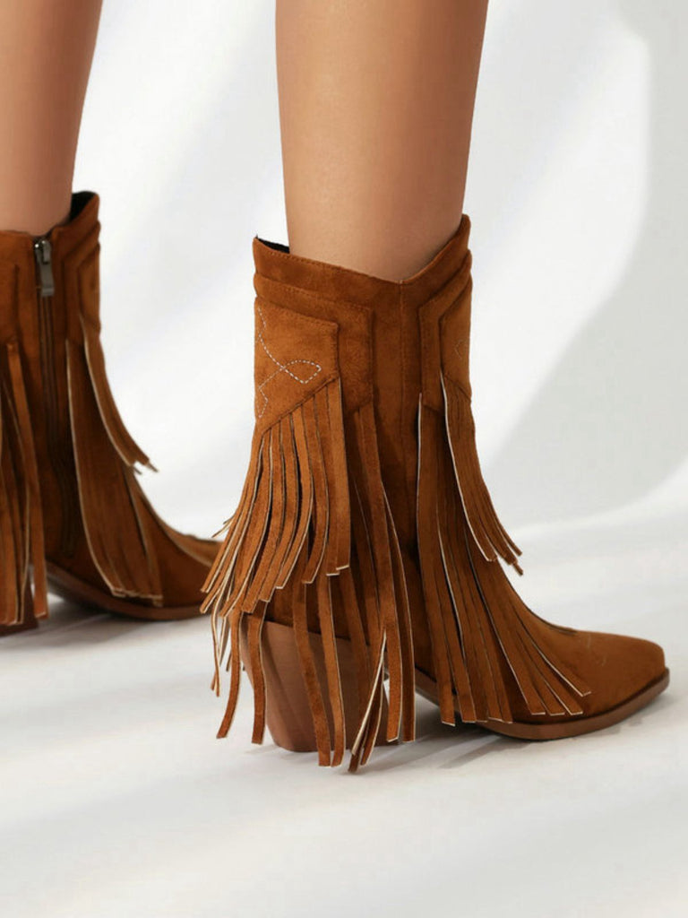 Vintage Tassel Mid Heel Flannelette Boots