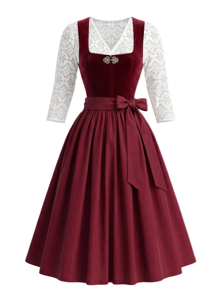 3PCS 1950s Lace Sheer Crop Top & Velvet Dress With Apron