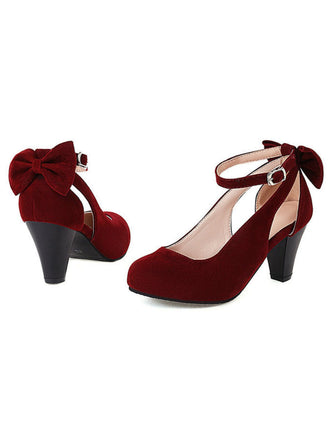 Vintage Bowknot Chunky High Heel Suede Shoes