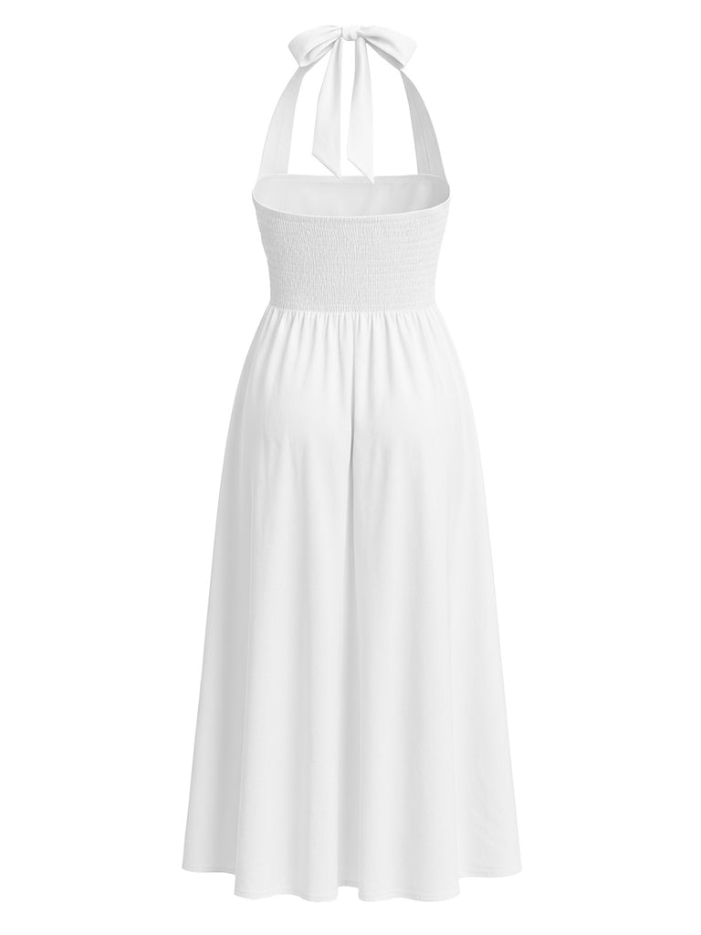 1940s Solid Wide-Strap Halter Backless Dress
