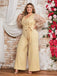 [Plus Size] Light Yellow 1980s Sequined Tassel Mesh Bow Jumpsuit