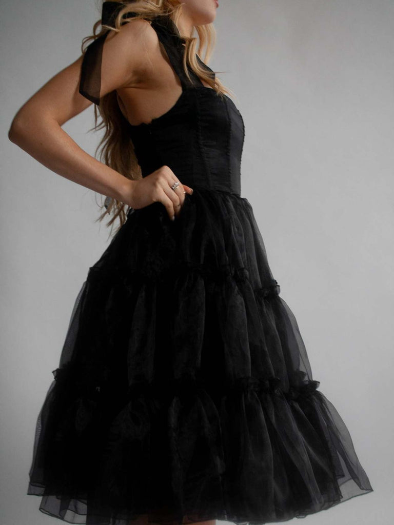 1950s Solid Multi-Layered Ruffle Tulle Dress