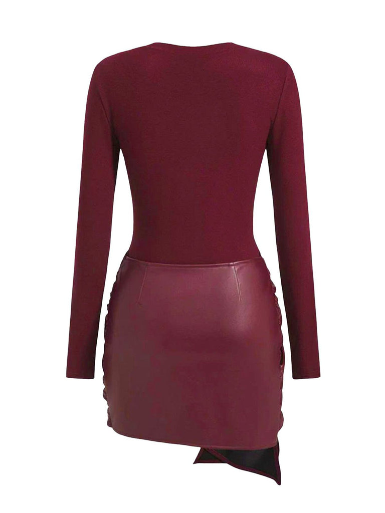 1980s Faux Leather Bow Long Sleeve Dress