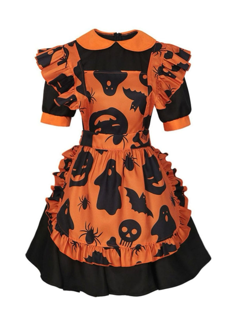 1950s Halloween Pumpkin Ghost Ruffled Dress
