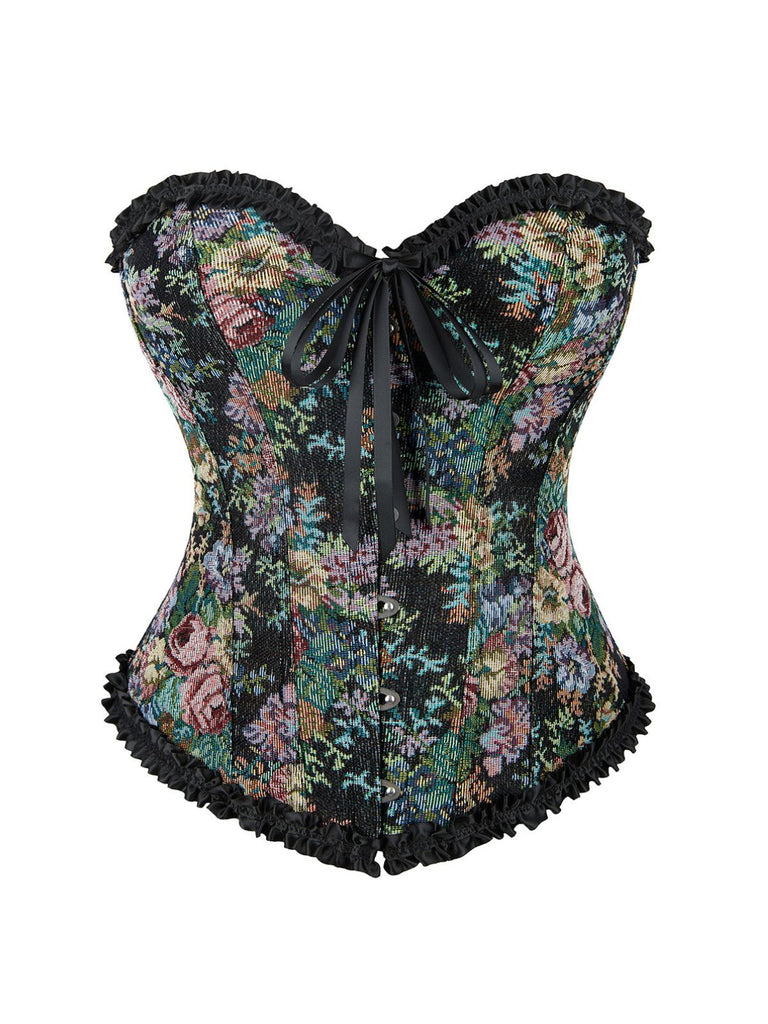1980s Oil Painting Floral Lace Trim Corset