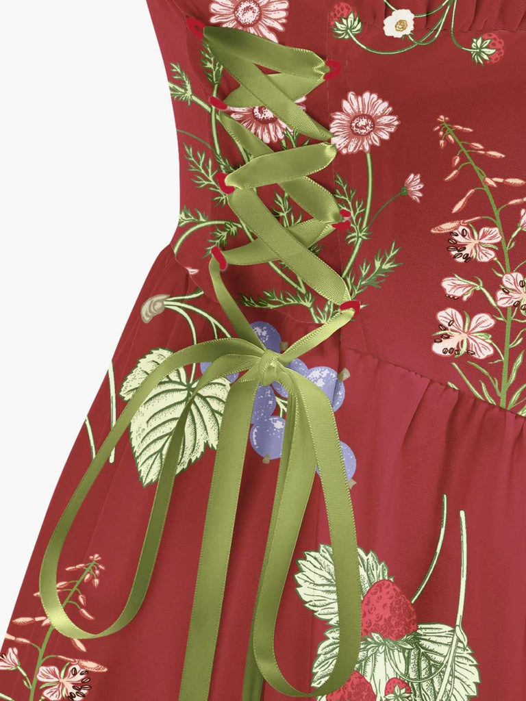1950s Strap Floral Lace-Up Corset Dress