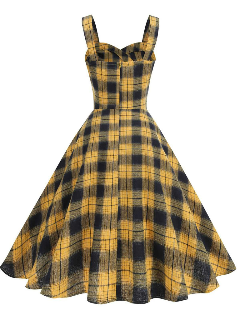 1950s Slip V-Neck Plaid Swing Dress
