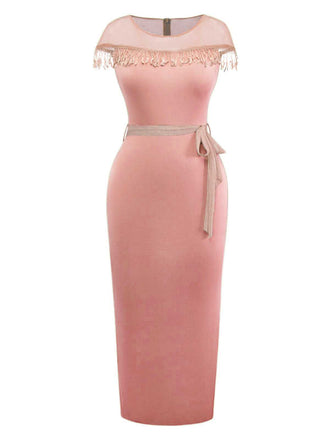 1960s Sheer Fringe Belted Bodycon Dress