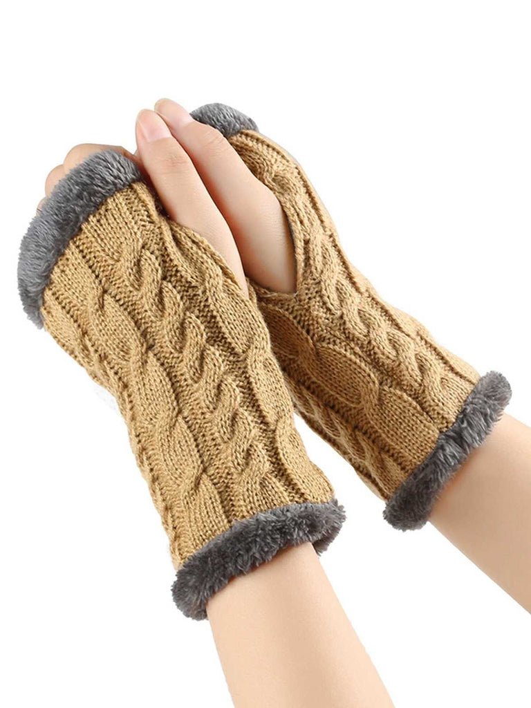 Winter Faux Fur Trim Knit Fingerless Gloves