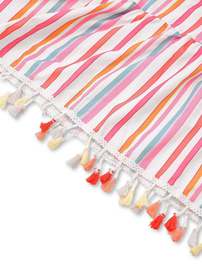 1970s Spaghetti Strap Rainbow Stripes Tiered Dress