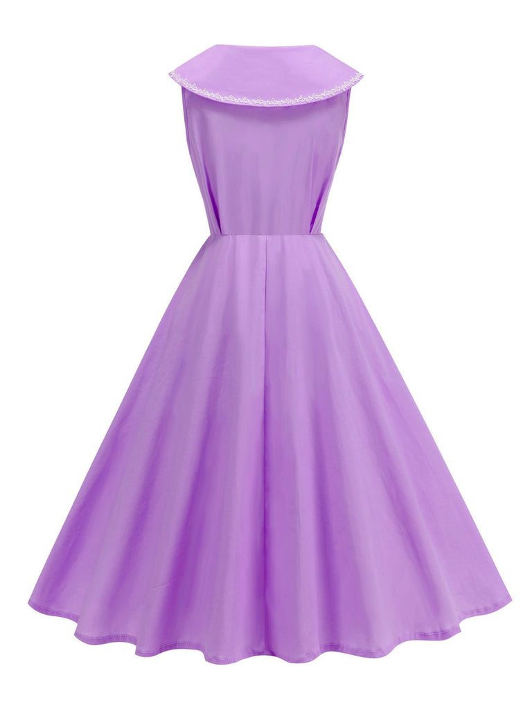 1950s Sailor Collar Bow-Tie Solid Sleeveless Dress