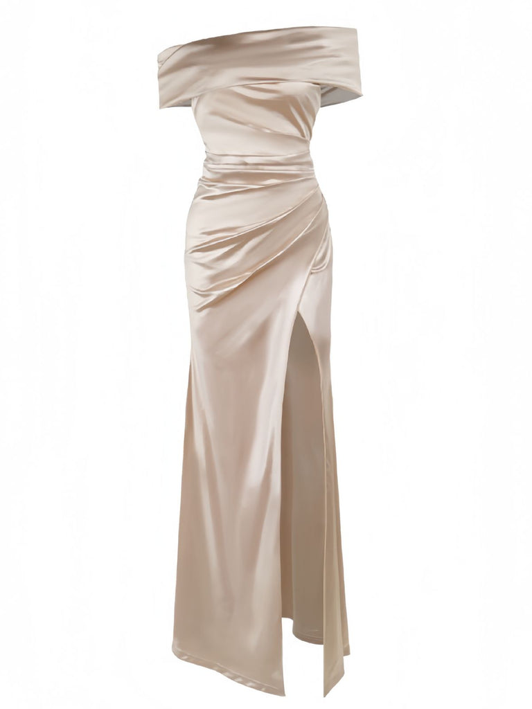 Champagne 1930s Off Shoulder Slit Satin Dress