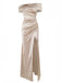Champagne 1930s Off Shoulder Slit Satin Dress