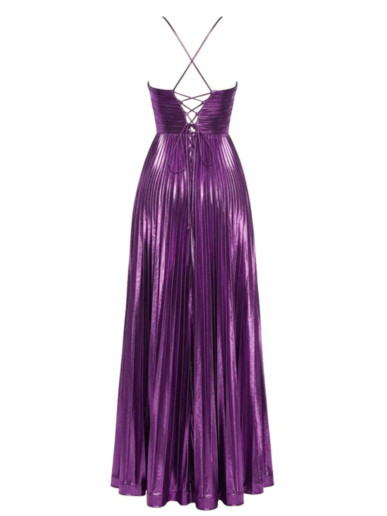 Gold 1930s Metallic Cross Halter Pleated Dress