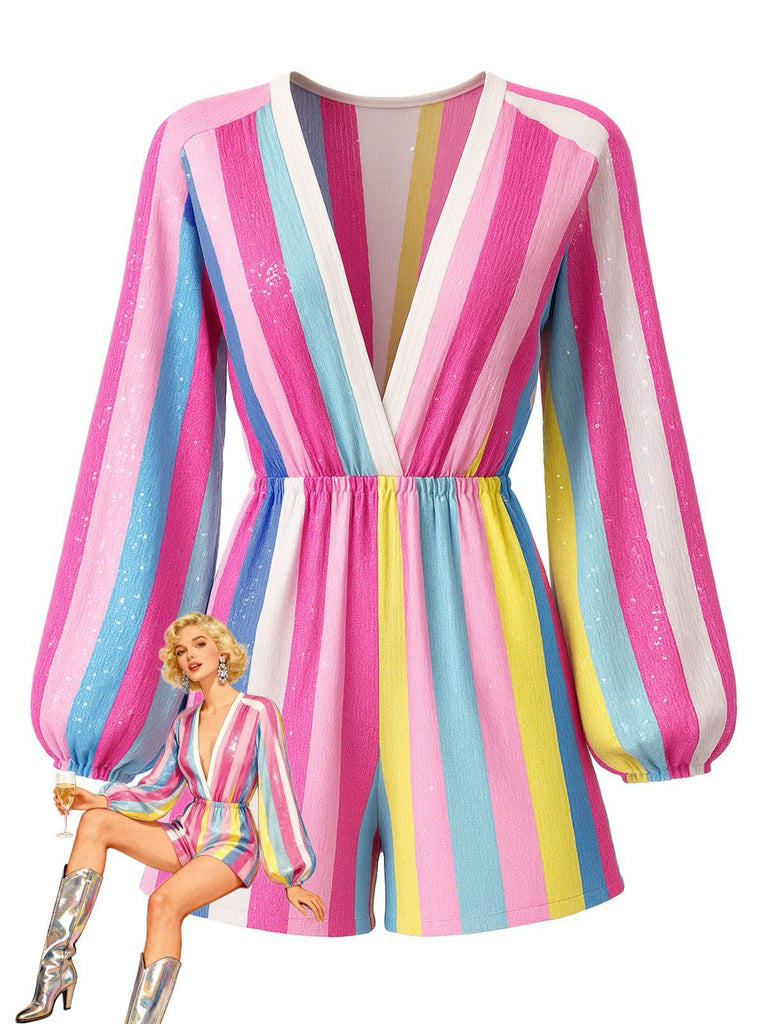 1980s Colorful Striped Sequined V-Neck Romper