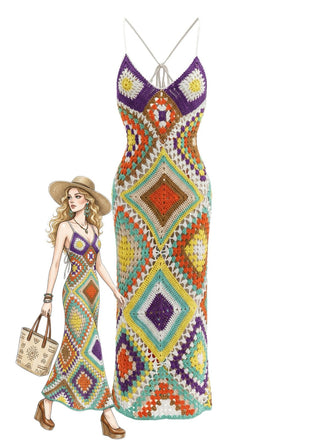 1980s Boho Irregular Print Hand Crochet Cover-Up Dress