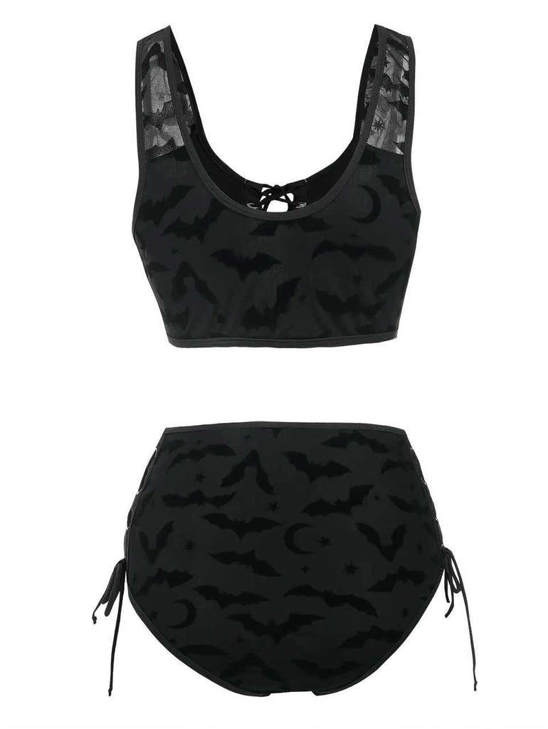 Black 1980s Strap Bat Mesh Gothic Bikini Set