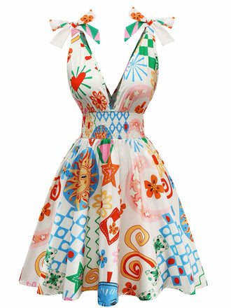 1970s V-Neck Boho Smocked Sleeveless Dress