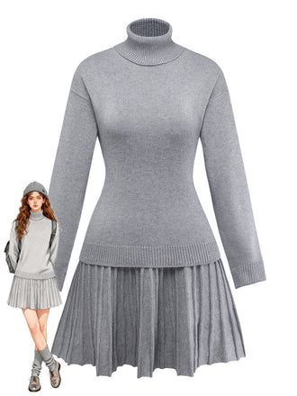 2PCS 1960s Knit Turtleneck Sweater & Pleated Skirt