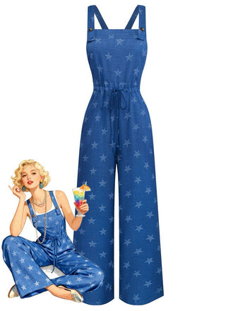 Blue 1970s Boho Star Print Overall Jumpsuit