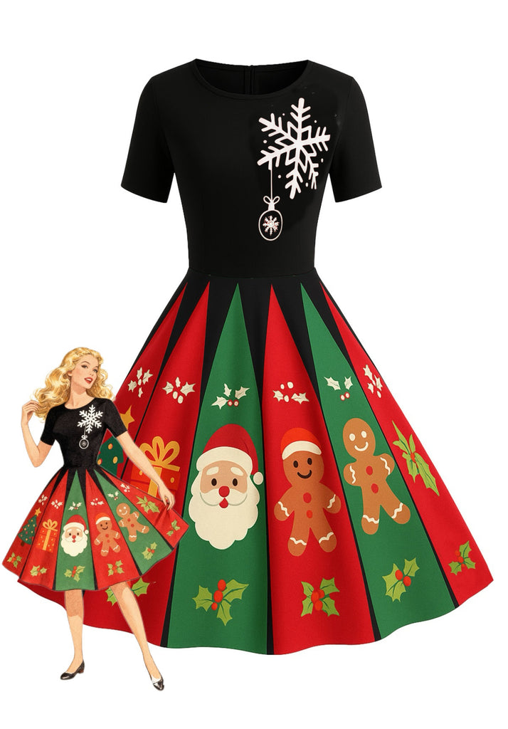 Black 1950s Christmas Snowflake Swing Dress