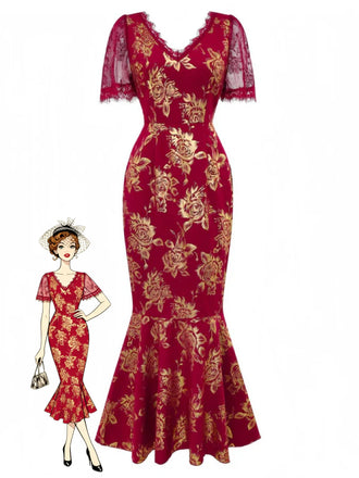 Red 1930s V-Neck Gold Foil Floral Mermaid Sheer Dress