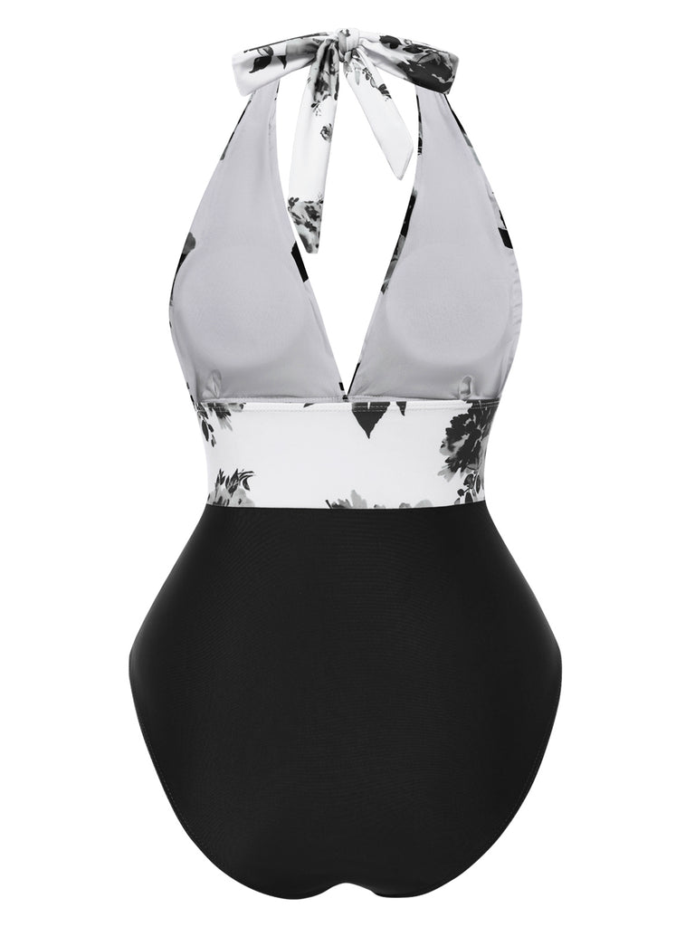 1940s Halter Floral Ruched One-piece Swimsuit