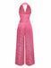 Pink 1970s Halter Lapel Satin Jumpsuit