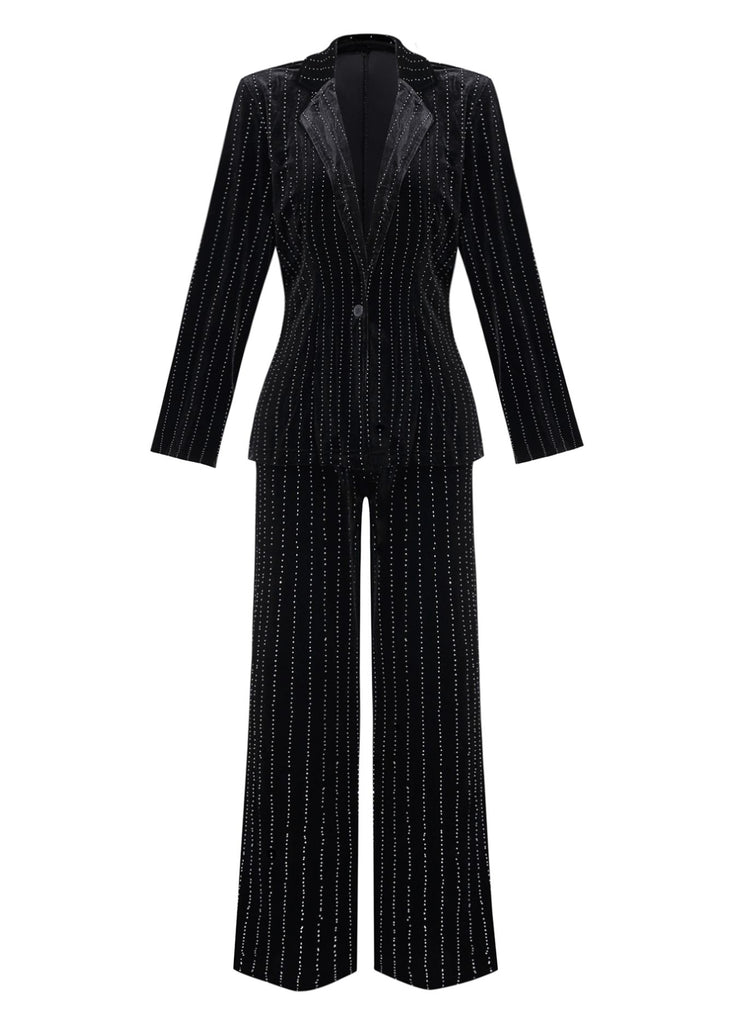 2PCS Black 1960s Velvet Sequin Blazer & Pants Set