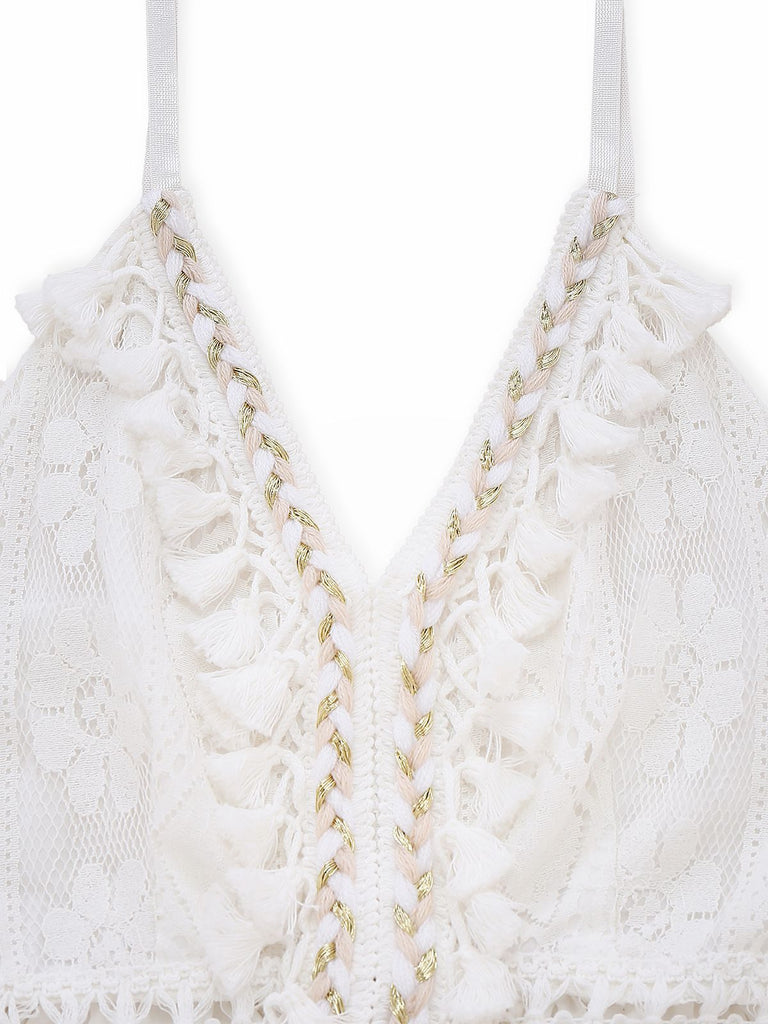 White 1970s V-Neck Boho Lace Maxi Dress