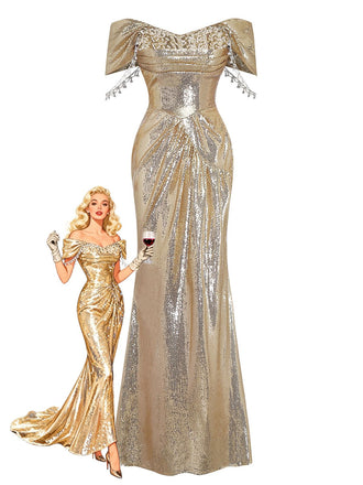 Gold 1980s Off-Shoulder Sequin Party Dress