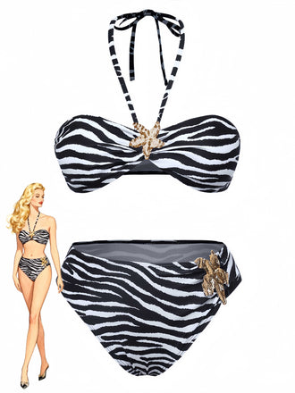 1960s Zebra Print Sea Star Accents Bandeau Bikini Set