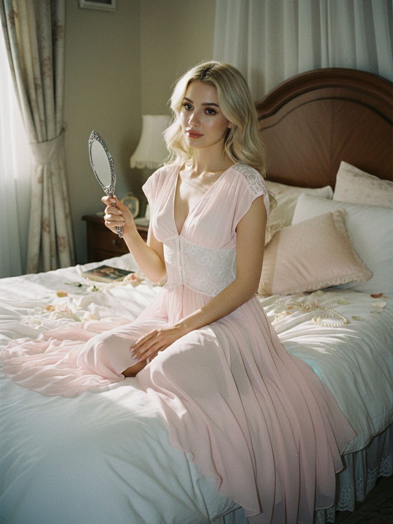 [Pre-Sale] Pink 1930s Mesh Pleated Lace Waist Robe