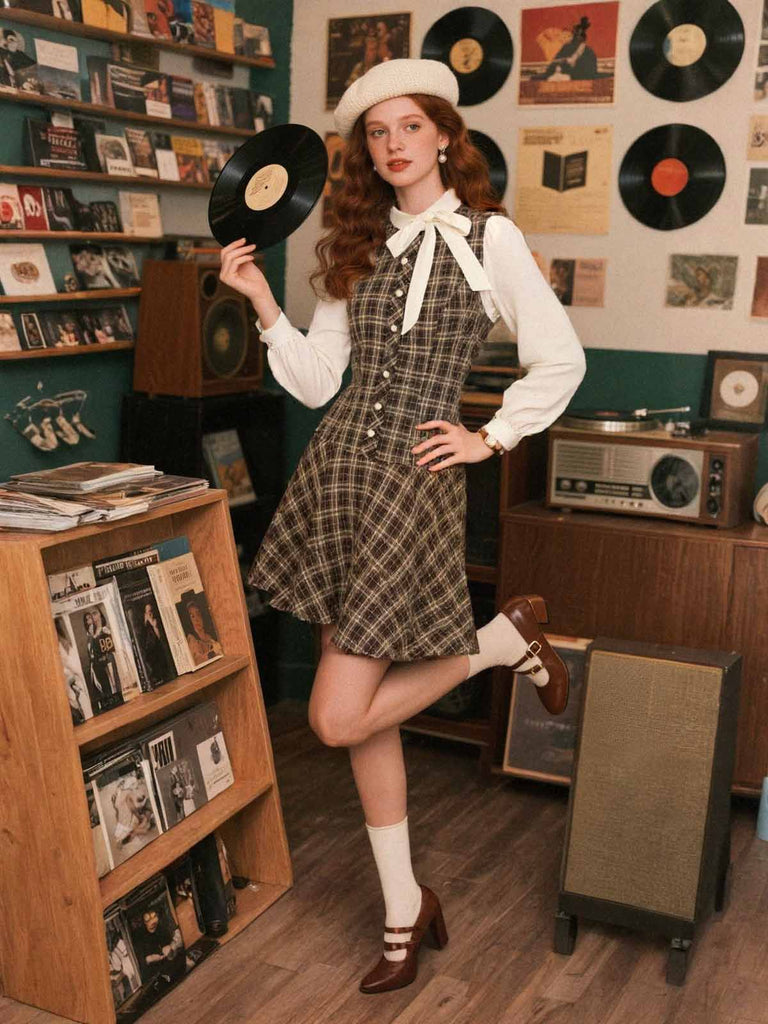 [Pre-Sale] Brown 1960s Plaid Bow Tie Button Swing Dress