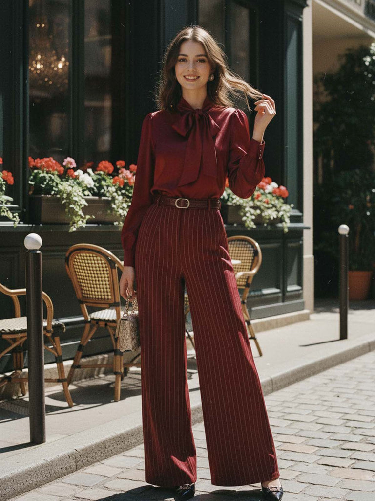 [Pre-Sale] Burgundy 1940s Satin Bow Tie Striped Wide-Leg Jumpsuit