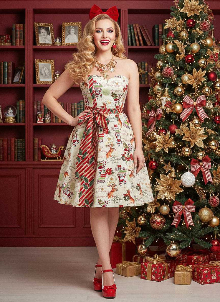 [Pre-Sale] 1950s Christmas Candy Cane Santa Bow Strapless Dress