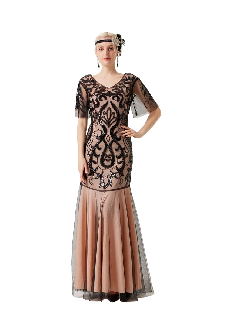 Apricot 1920s V-Neck Sequined Mesh Evening Dress: where 1920s romance meets her modern spirit