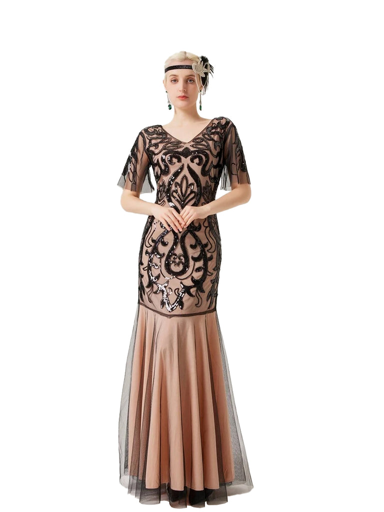 This Apricot 1920s V-Neck Sequined Mesh Evening Dress wraps her in 1920s elegance, one twirl at a time