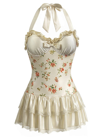 [Pre-Sale] Apricot 1940s Ditsy Floral Halter One-Piece Swimdress, vintage dress, retro fashion, floral print - perfect for women who love vintage and retro fashion