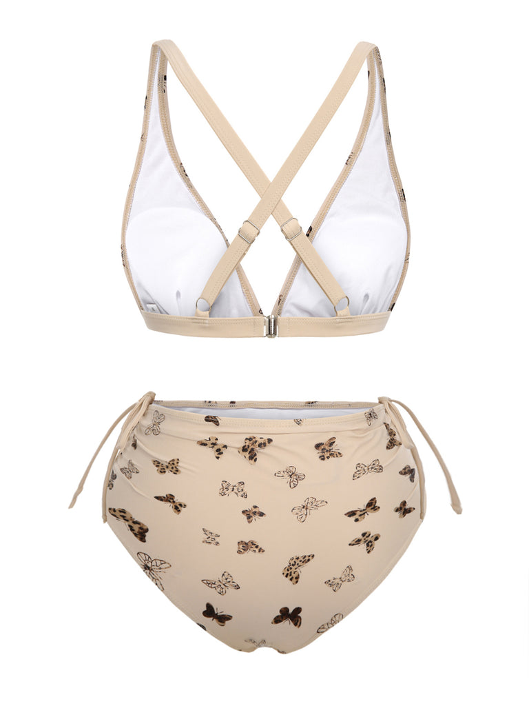 Apricot 1950s Butterfly Mesh Lace-Up Swimsuit, vintage swimsuit, pin-up swimwear - perfect for women who love vintage and retro fashion