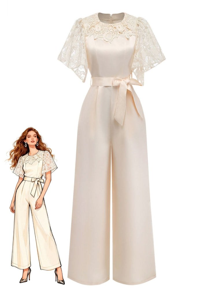 Apricot 1950s Floral Lace Satin Bow Belt Jumpsuit - vintage jumpsuit, retro fashion