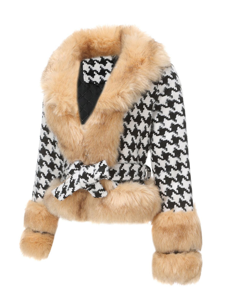 Apricot 1950s Houndstooth Faux Fur Coat - vintage fashion, retro style