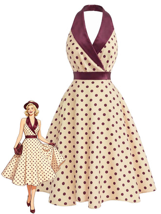 [Pre-Sale] Apricot 1950s Polka Dot Satin Shawl Collar Halter Dress, vintage dress, retro fashion, rockabilly, pin-up fashion - perfect for women who love vintage and retro fashion