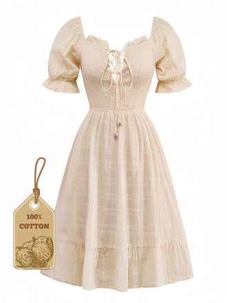 Apricot 1950s Solid Cotton Tie-Back Smocked Dress - vintage dress, retro fashion, rockabilly