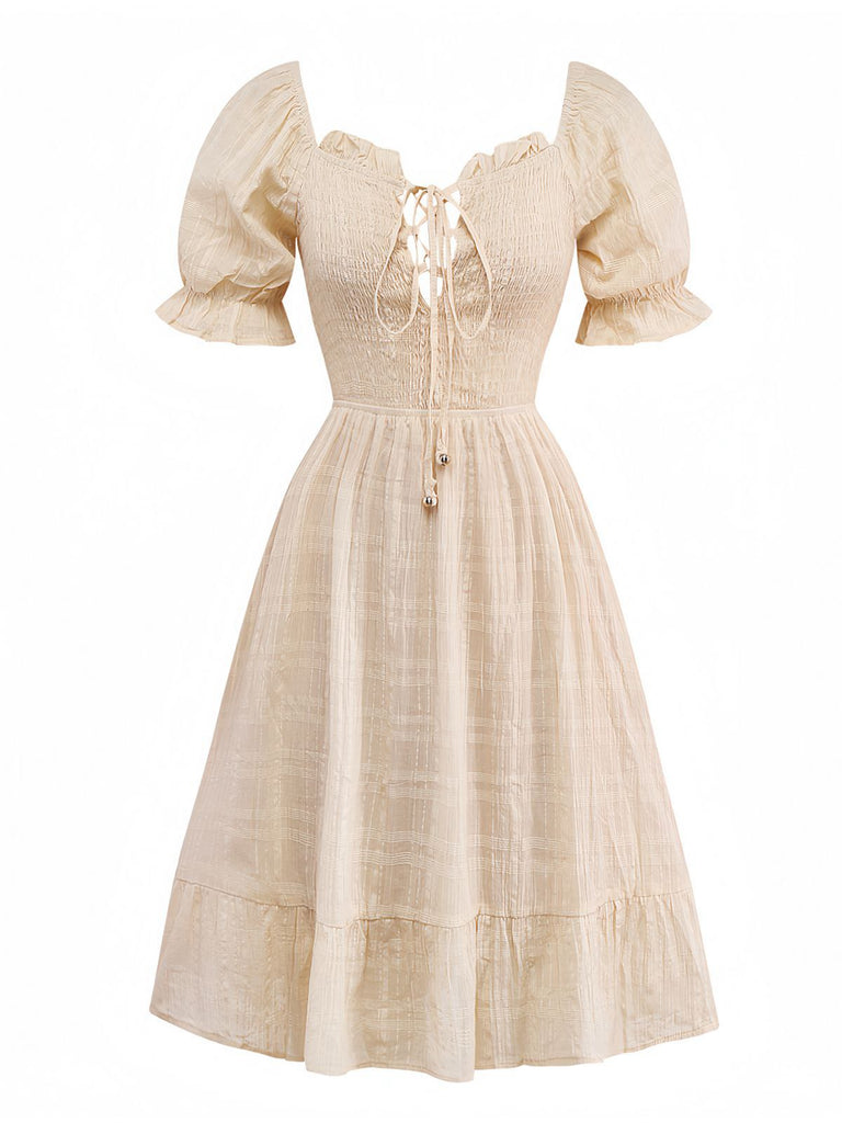Apricot 1950s Solid Cotton Tie-Back Smocked Dress - vintage dress, retro fashion, rockabilly