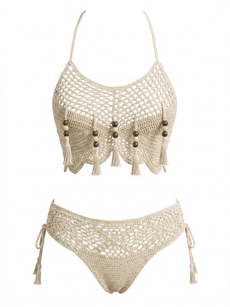 Apricot-1970s-Crochet-Beaded-Tassel-Bikini-Set, vintage, retro, swimwear