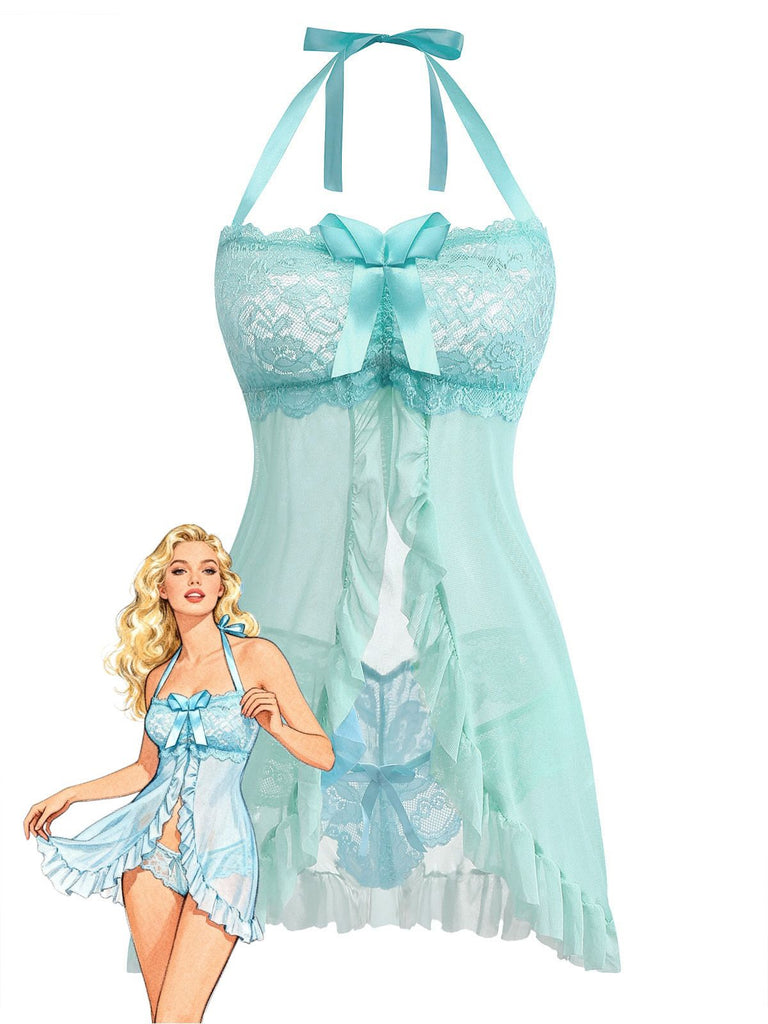Aqua Blue 1980s Lace Bow Lingerie Set, classic vintage style elegant retro fashion - Image 1