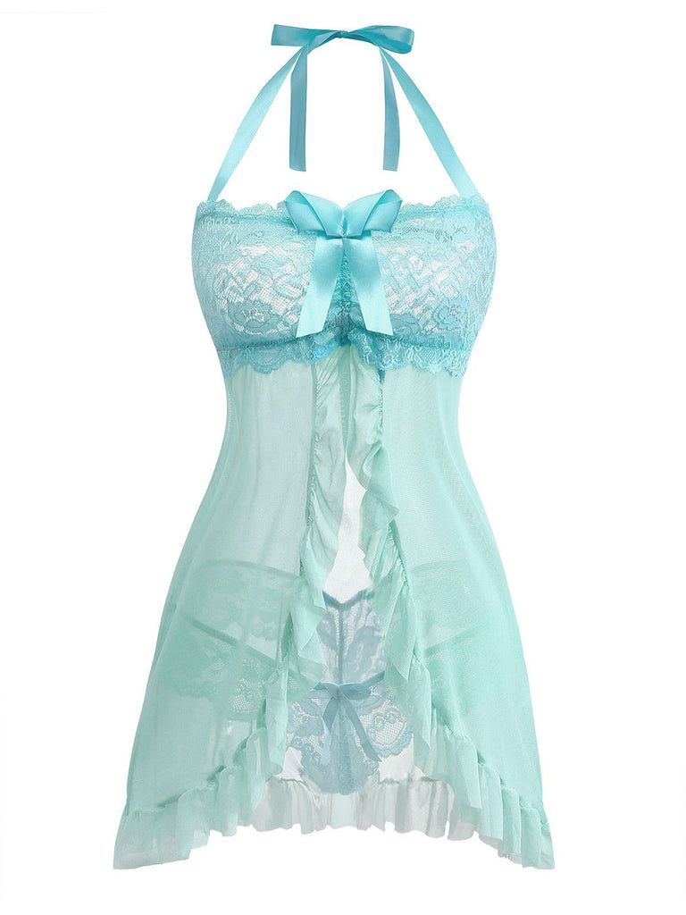 Aqua Blue 1980s Lace Bow Lingerie Set, classic vintage style elegant retro fashion - Image 2