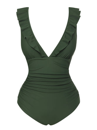 Army Green 1950s Solid Ruffles V-Neck Swimsuit, vintage swimsuit, pin-up swimwear - perfect for women who love vintage and retro fashion