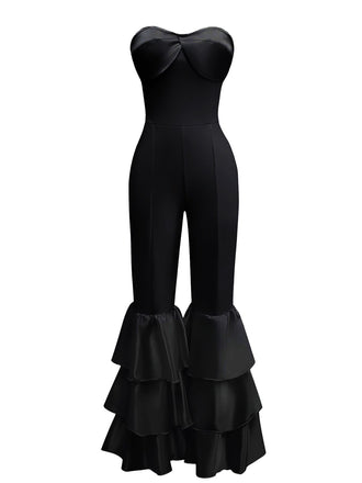 1970s Boho Strapless Solid Pleated Ruffle Jumpsuit